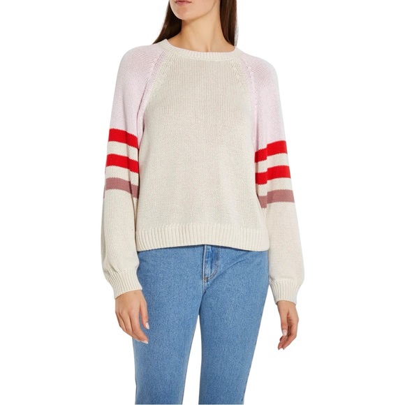 XiRENA Apres Sun Cream Beige Pink Striped Sleeve Loose Fit Cotton Knit Sweater - Picture 10 of 11